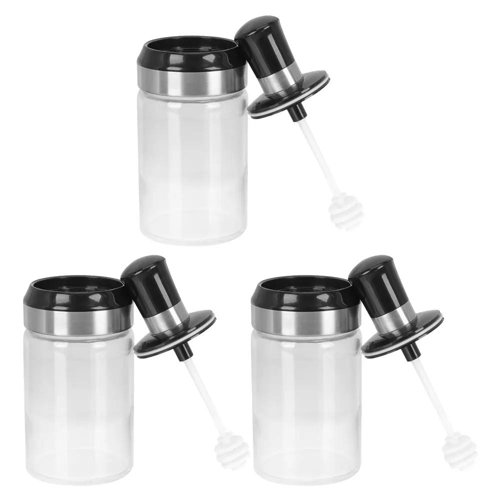 

3Pcs Honey Jar Set Stainless Steel Glass Transparent Honey Dispenser Dipper Lid Multifunctional Kitchen Canister Seasoning