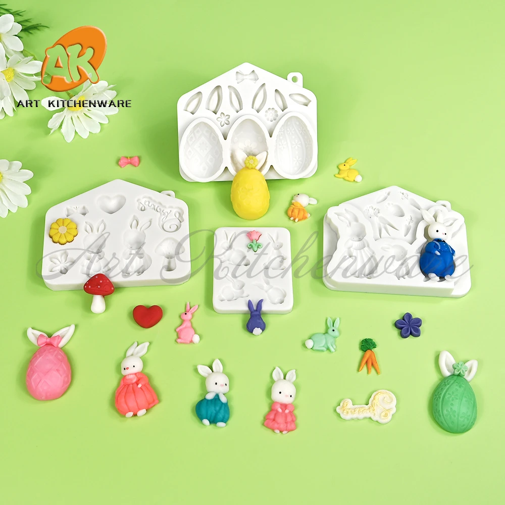 

2024 Easter Rabbit Silicone Fondant Mold Cute Eggs Theme Fondant Cake Decoration Gum Paste Chocolate Mould