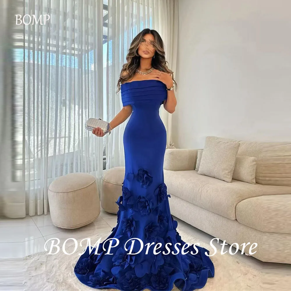 BOMP Elegant Blue White Mermaid Evening Dresses Arabic Women 3D Flowers Soft Satin Formal Prom Gowns Vestidos de Customized