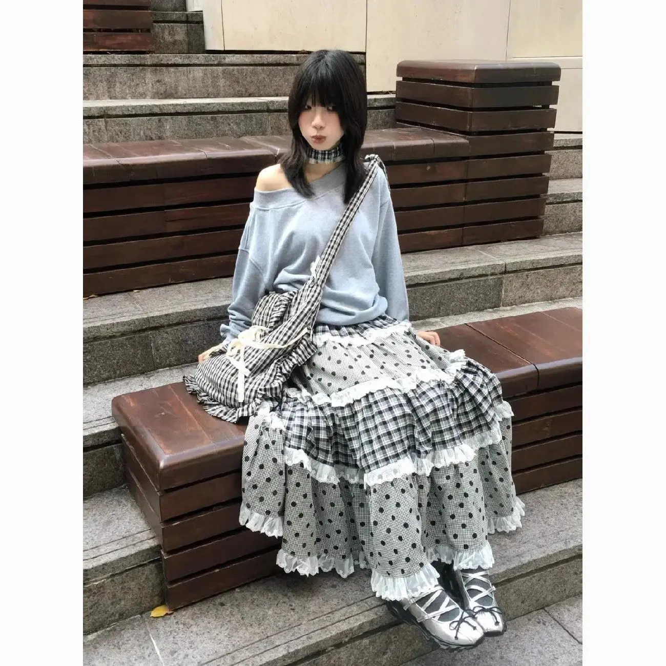 

New Multi-layer Ruffle Plaid Thin Dot Splicing Maxi A-line Skirt Versatile Japanese Sle Girls All-season f Skirt