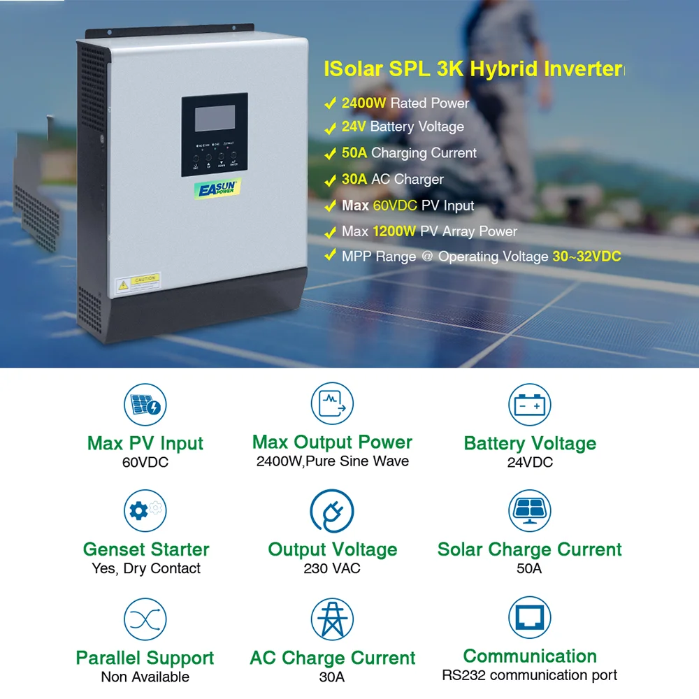 5KVA Solar Inverter 5000W 48V 230V Pure Sine Wave Hybrid Inverter Built-in 60A MPPT off-Grid Solar Controller Battery Charger