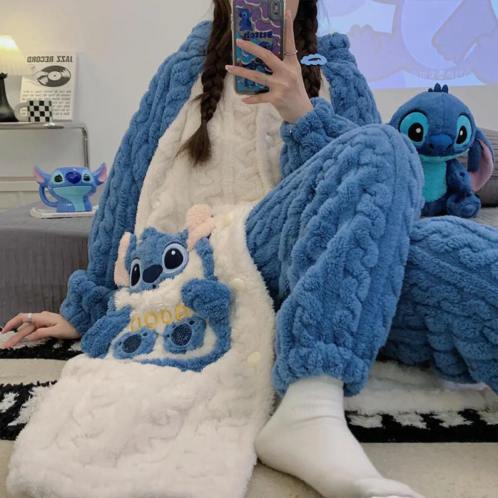 

Anime Stitch Winter Warm Coral Velvet Homewear Suit 2Pcs Women Plush Pajamas Robe Set Disney Cartoon Hooded Thicken Nighclothes