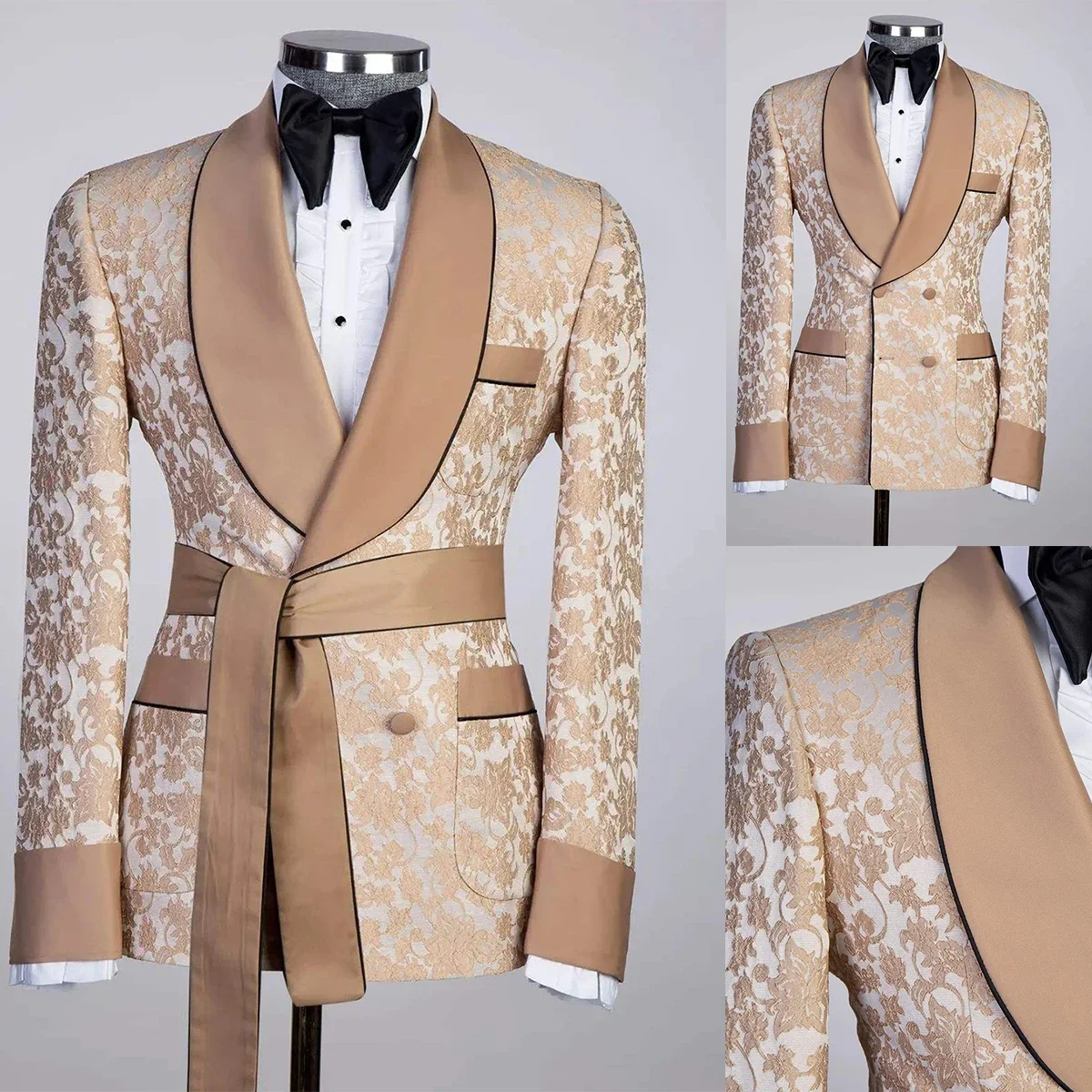 Vintage Wedding Suits Coat For Men Double Breasted Groom Wear Slim Fit Jacket With Belt Business Office Only Blazer Custom Made