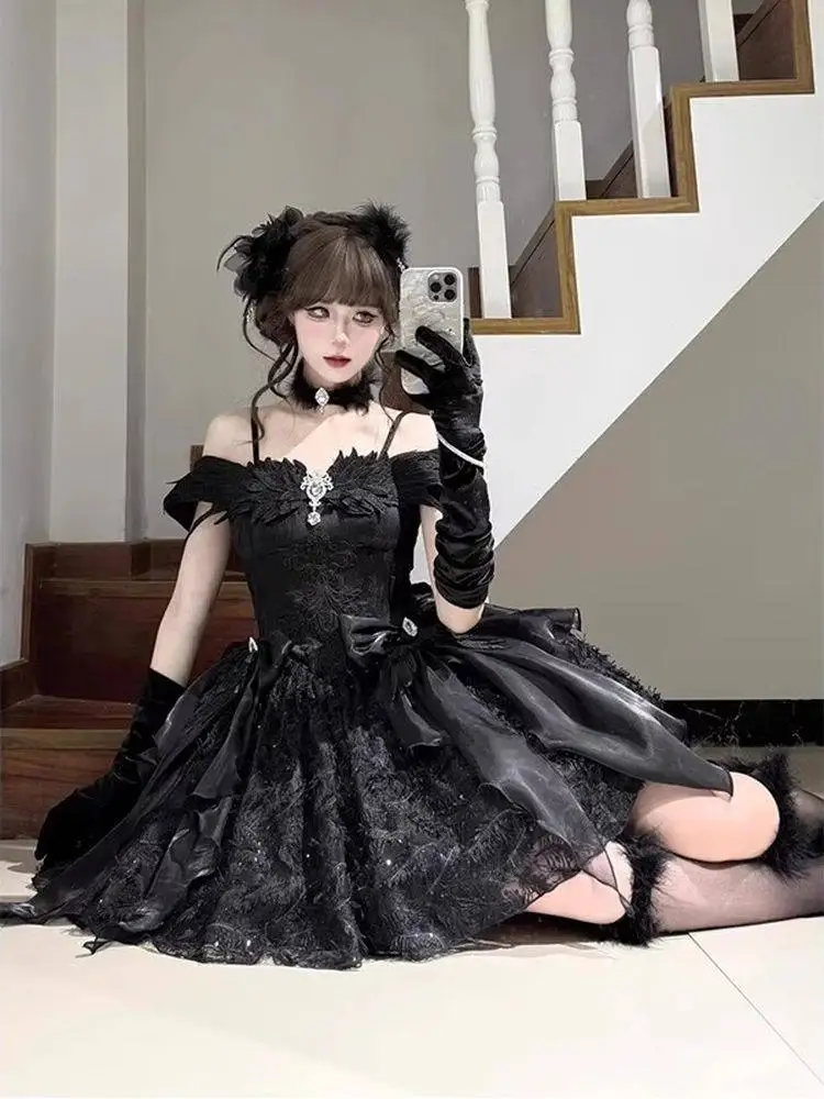 

Black Feather Ballet Style Lolita Dress JSK Bow Cute Sweet Trailing Summer
