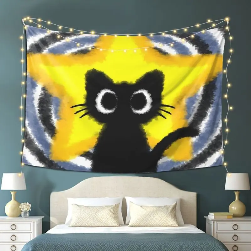 Wall Tapestry Cute Star Black Cat Tapestry Watercolor Style Cartoon Cat Printing Hanging Cloth Bedhead Background