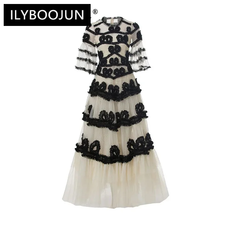 

ILYBOOJUN Fashion Designer Summer Women's Dress Vintage Polka Dot Embroidery Net Yarn Edible Tree Fungus Flare Sleeve Dresses