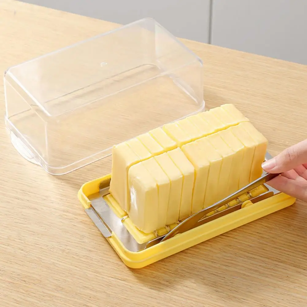 Butter Cutting Storage Box Butter Slicer Box with Stainless Steel Cutter Transparent Lid Butter Dish Container Countertop