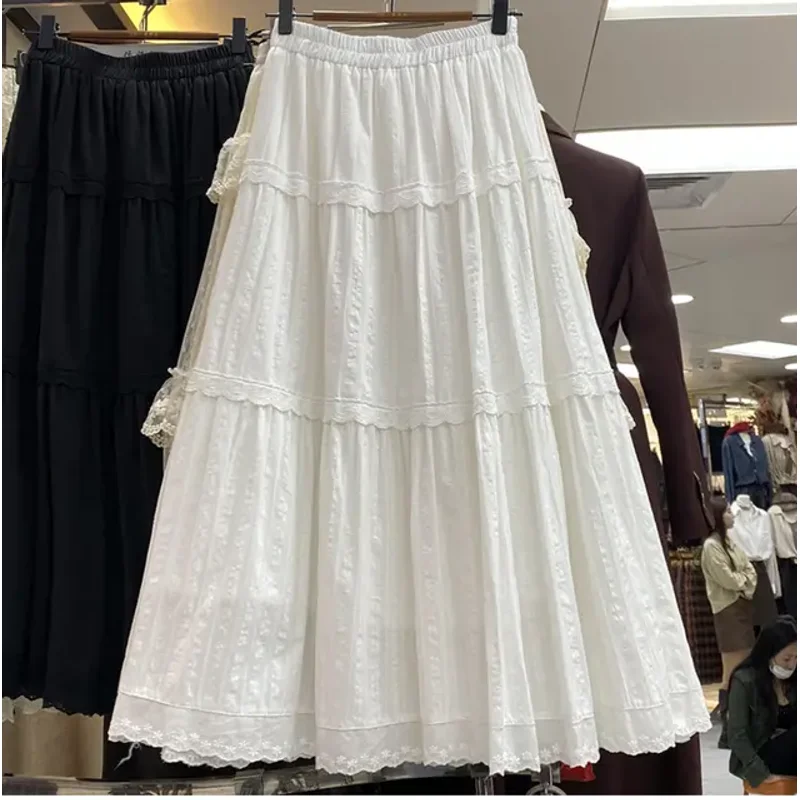 Summer New Sle Women's A-line Midi Skirt With Embroidered Lace Patchwork Full Flounce White Half-length Skirt Korean Sle