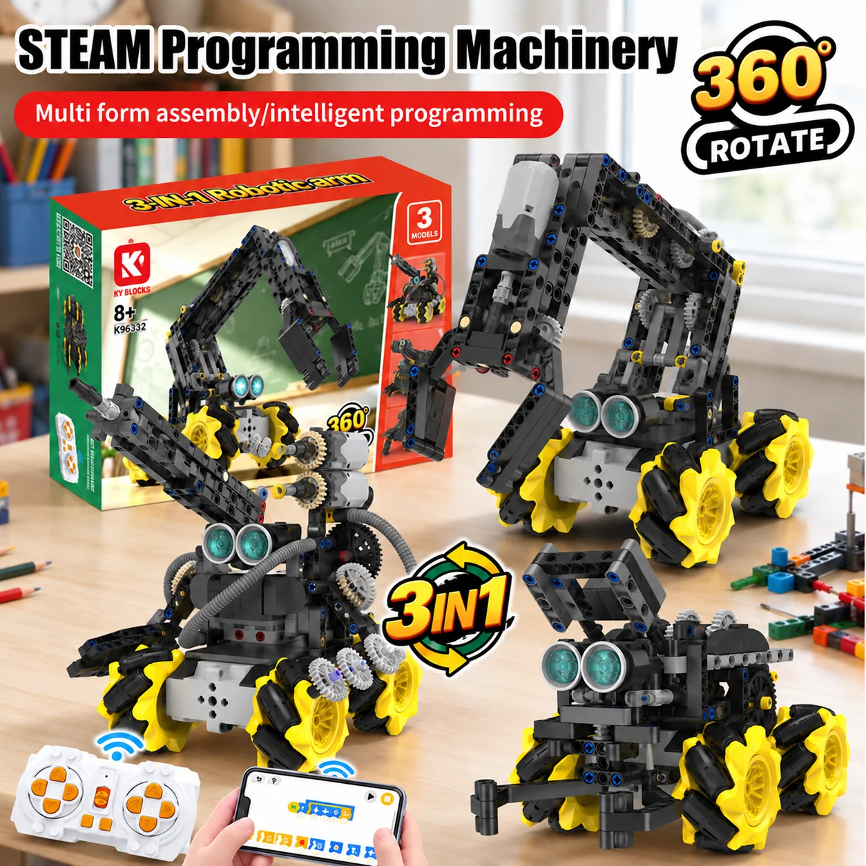 3 in 1 Robot Arm Building Block Brick Set, STEM Robotics Kit with RC&App Control, 360° Rotating Claw, Toys for Boys Ages 8-14