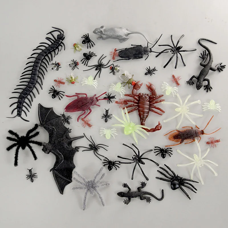 44/36Pcs Halloween Party Simulation Bugs Scorpion Bat Horror Black Spiders For Haunted House Horror Props April Fools Tricky Toy