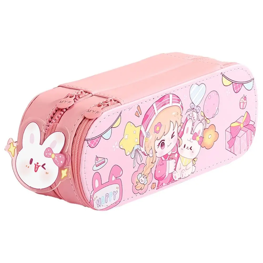 PU Leather Material Double Layer Pen Box Multi-Compartment Design Durable Construction Large Capacity Stationery Box