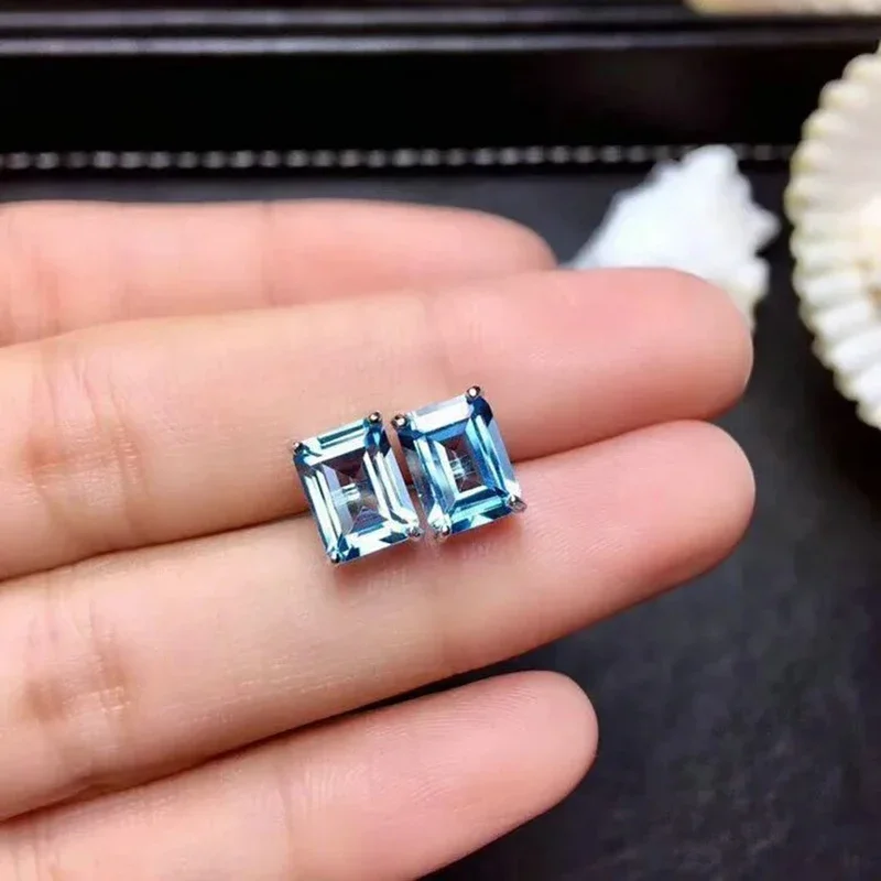 Novel And Unique Design Inlaid Blue Square Topaz Women'S Stud Earrings Elegant Charm Fresh Sparkling Party Silver Jewelry