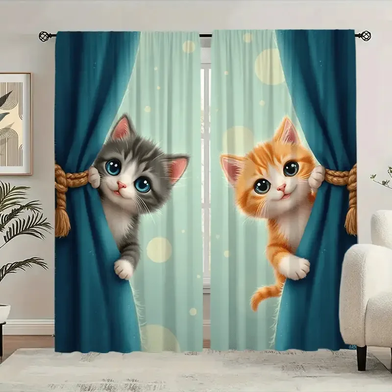 Cute Kitten Curtain Pair for Living Room Home Decor Window Treatment Light Filtering Style