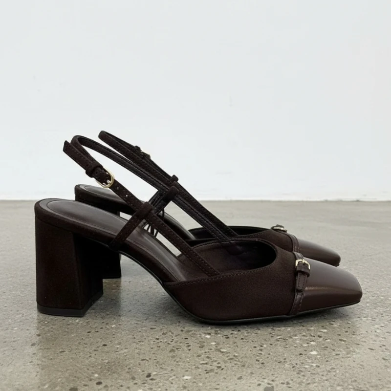 

Brown Suede Leather Square Toe Slingback Pumps Women Block High Heels Metal Buckle Vintage Elegant Office Party Shoes