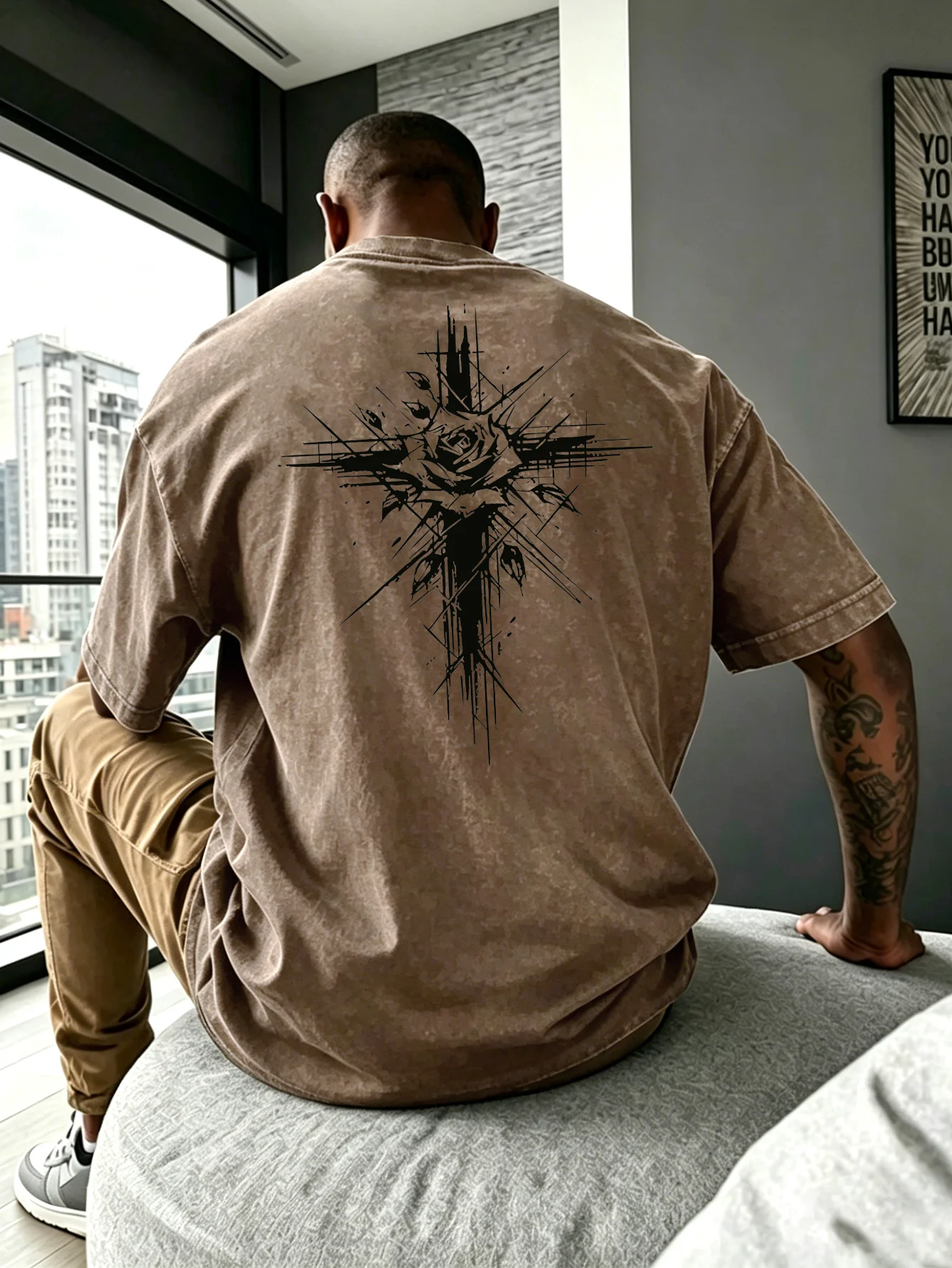Men's Heavyweight Washed T-shirt Dark Thorn Cross Rose Gothic Print Vintage Acid Worn Streetwear Hip Hop Cotton S-3XL