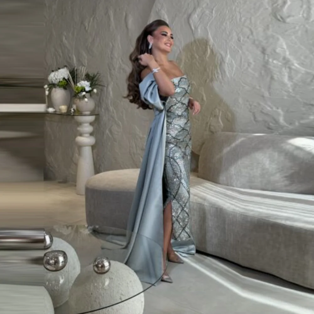 

Customized Luxury Turquoise Mermaid Off Shoulder Evening Dress with Side Slit Overskirt for Women Wedding Party