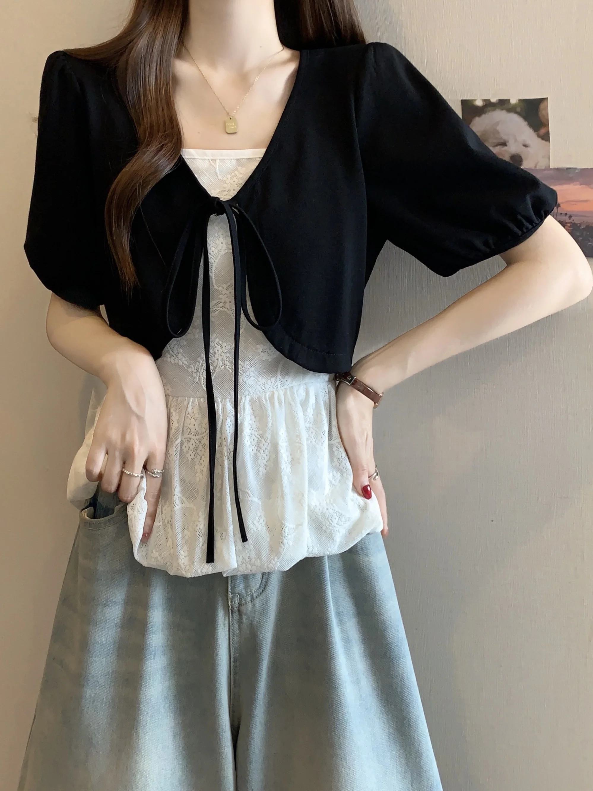 Lace Splice Short Sleeve T-Shirt Women's Summer Fashion Fake Two-Piece plus Size Micro Fat MM Short Style Small Fragrance Win...