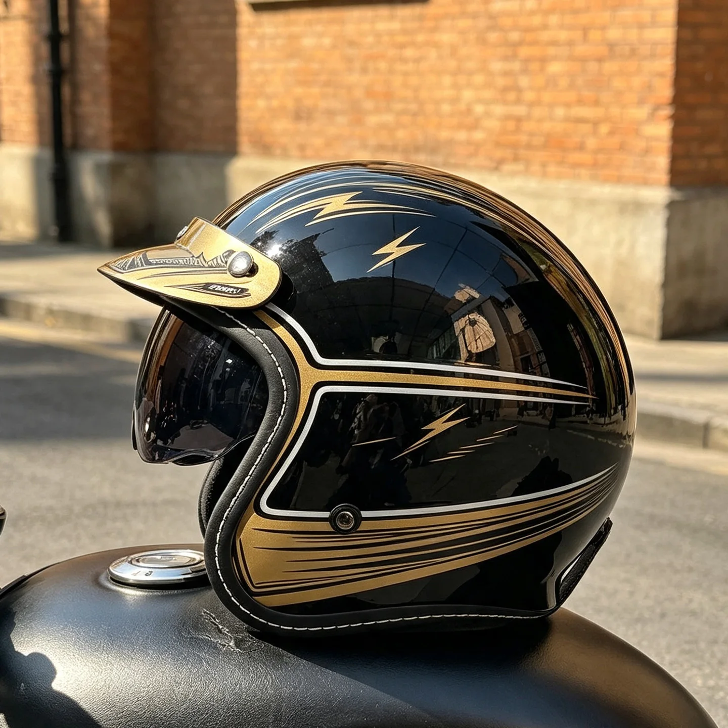 casco-jet-vintage-3-4-per-moto-nero-lucido-con-striscia-grafica-dorata-a-fulmine-visiera-rimovibile-e-integrata