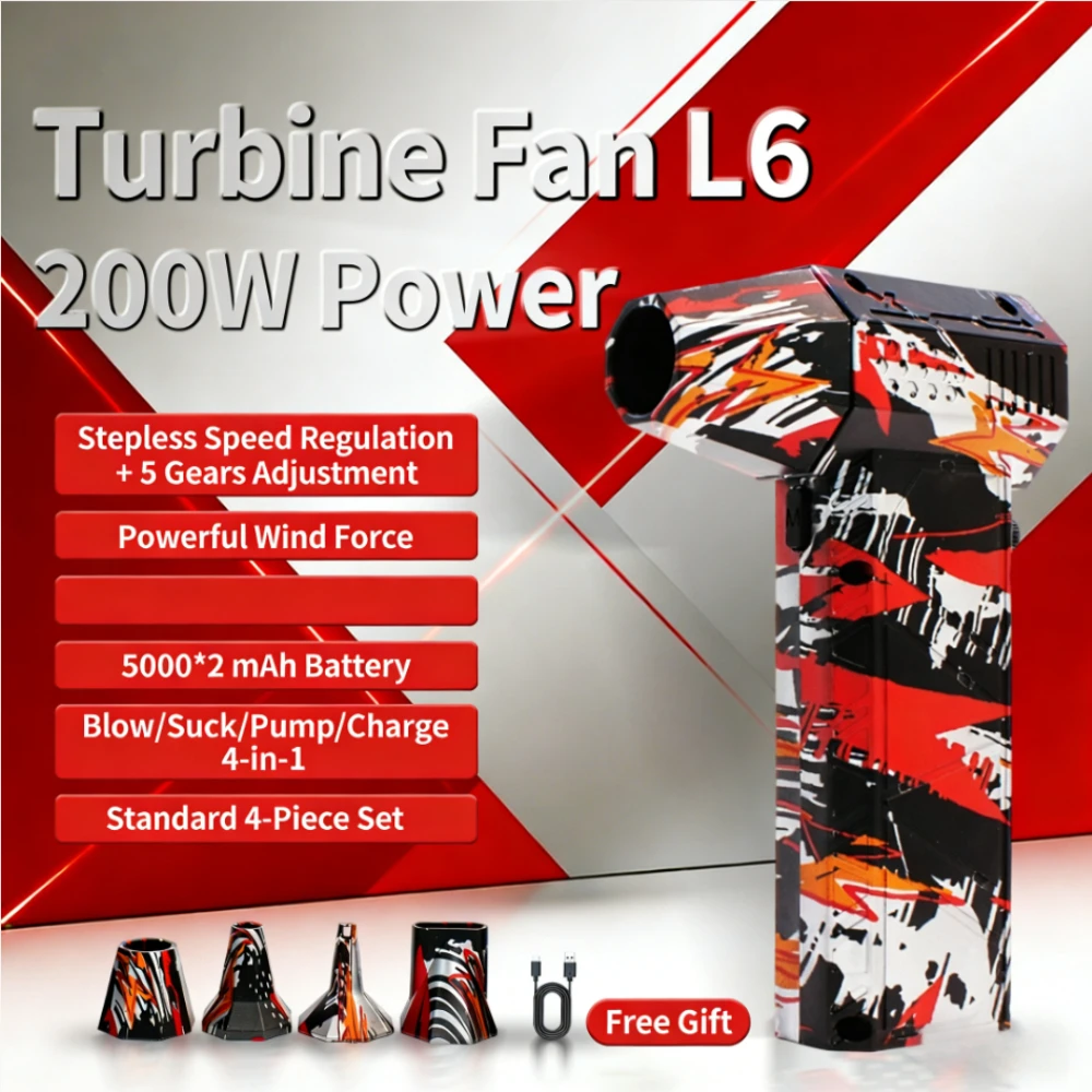 

【Турбинный вентилятор L6】 Турбинный вентилятор мощностью 200 Вт — всасывающий насос в одном блоке — 4-в-1 с 2 аккумуляторами емкостью 5000 мАч + 4 наборами аксессуаров