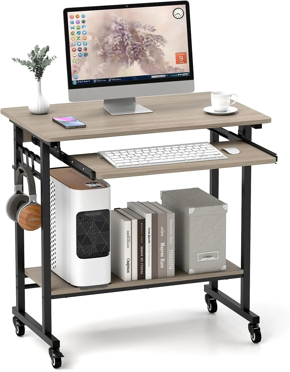 

Rolling Computer Desk Cart with Keyboard Tray, Mobile Portable Laptop PC Desk with CPU Stand & 3 Hooks for Sofa & Bed, C