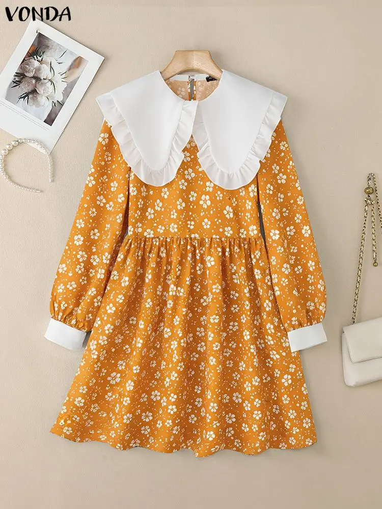 2025 VONDA mode femmes Mini robes bohème imprimé fleuri Robe courte automne à manches longues col claudine fête Robe de vacances