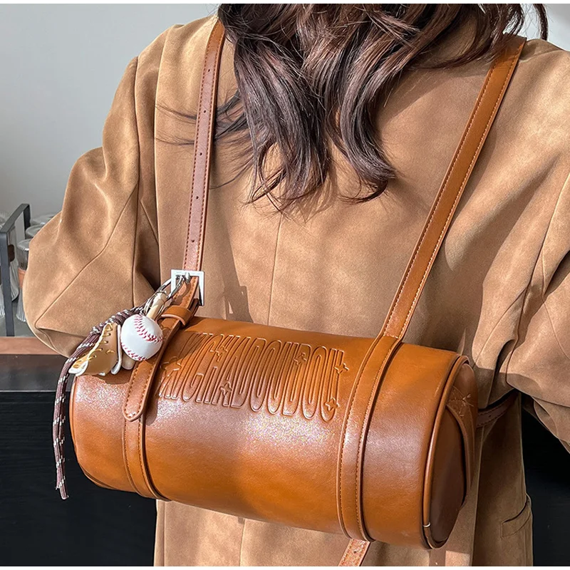 

Retro Shoulder Bag Fashion Letter Print Simple Backpack European And American Highend Soft Leather Cylindrical Crossbody Handbag