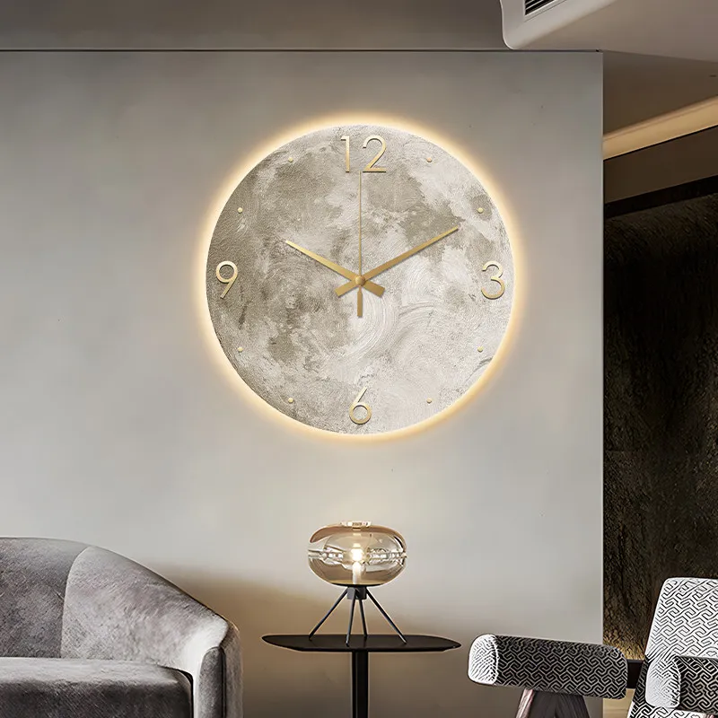 Modern Simple Wall Clock Living Room Clocks Moon Sandstone Painter Creative LED Lights Wall Decoration with Stylish Dining Room