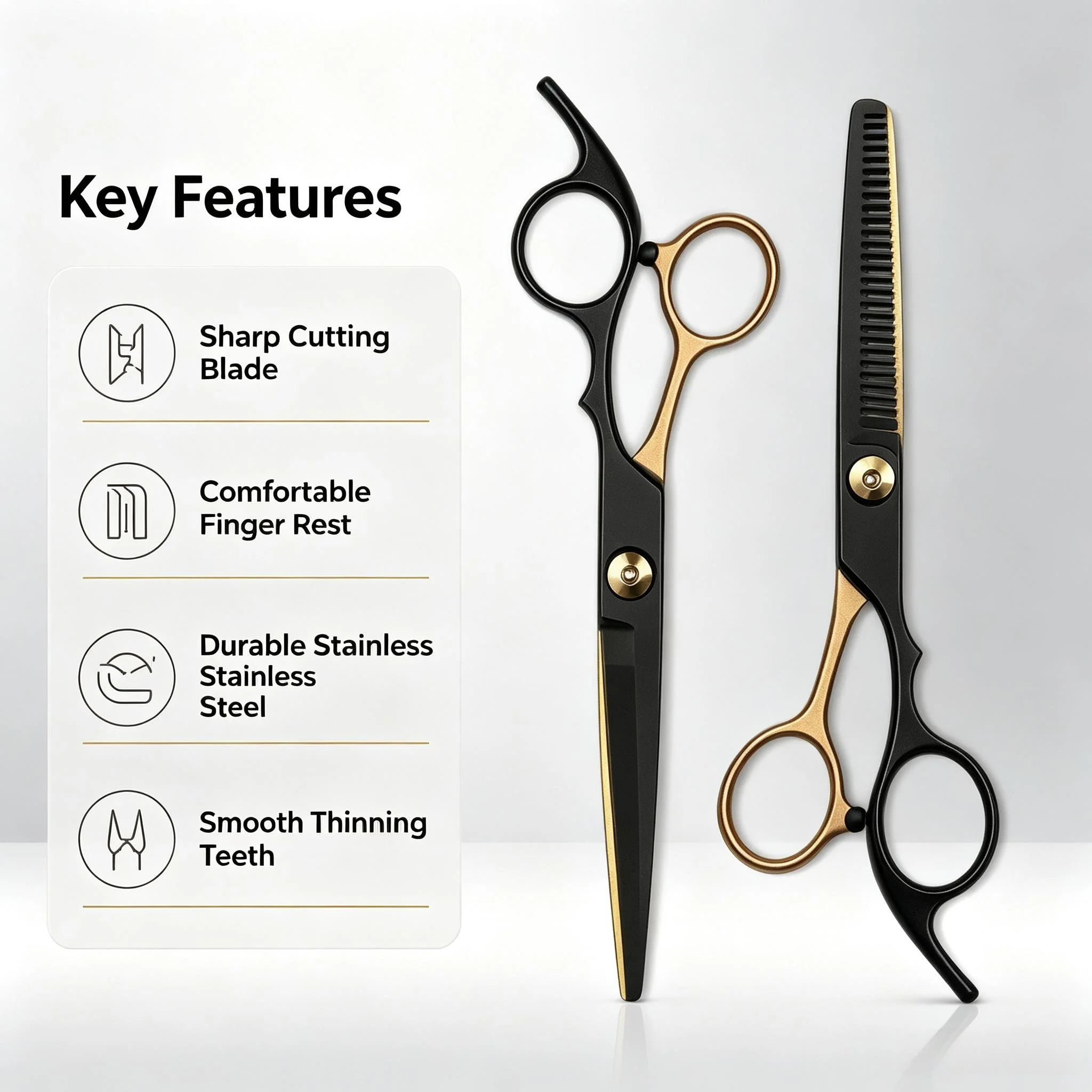 NEWProfessional Hair Cutting Scissors, Home Hair Cutting Barber/Salon Thinning Shears, Stainless Steel Hairdressing Black Golden