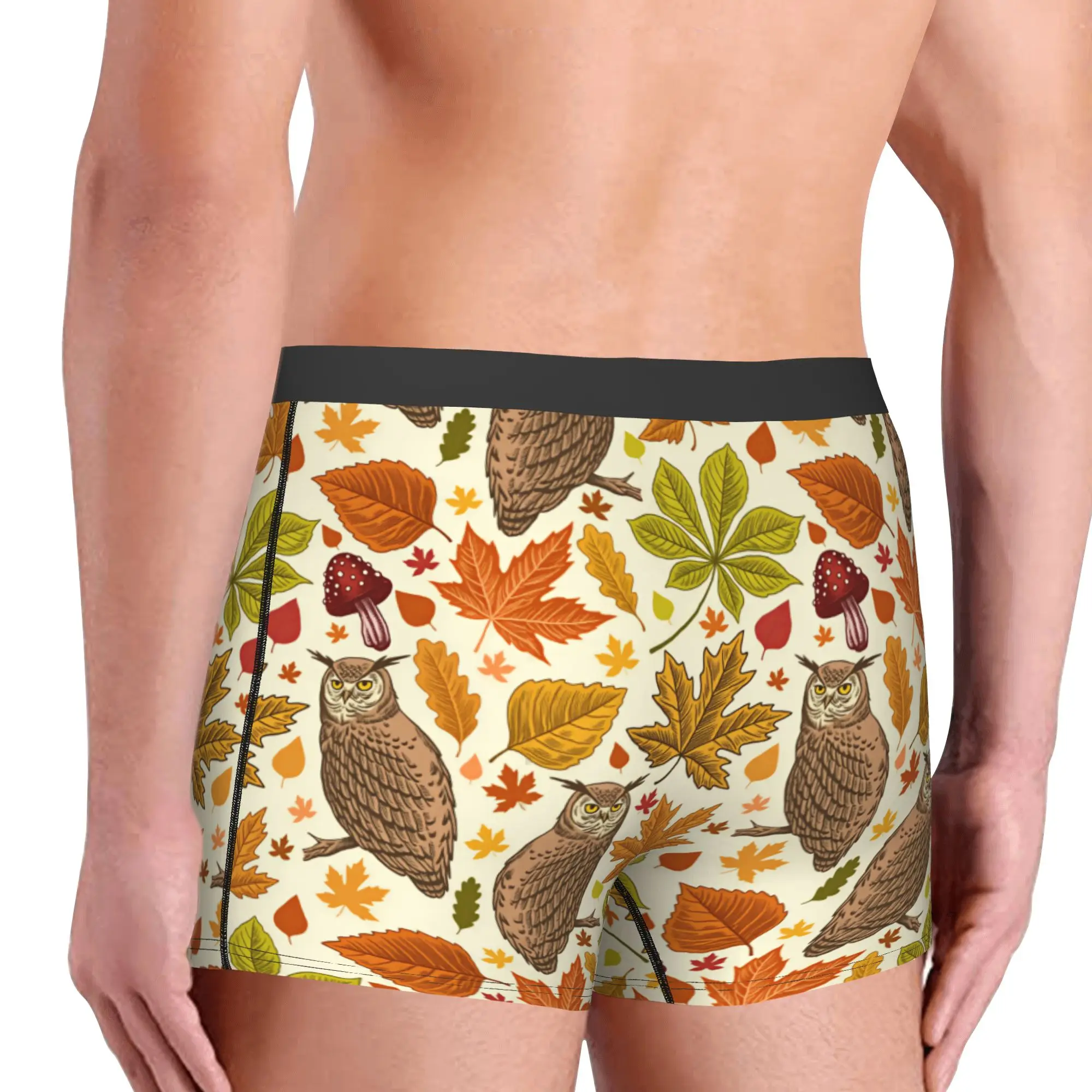Male Cool Autumn Leaves Owl Seamless Pattern Underwear  Boxer Briefs Stretch Shorts Panties Underpants