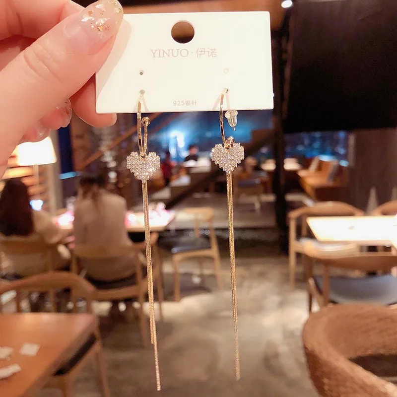 South Korea East Gate New Temperament Zircon Love Tassel Earrings Super Fairy Personality Simple Long Versatile Ear Nail Female