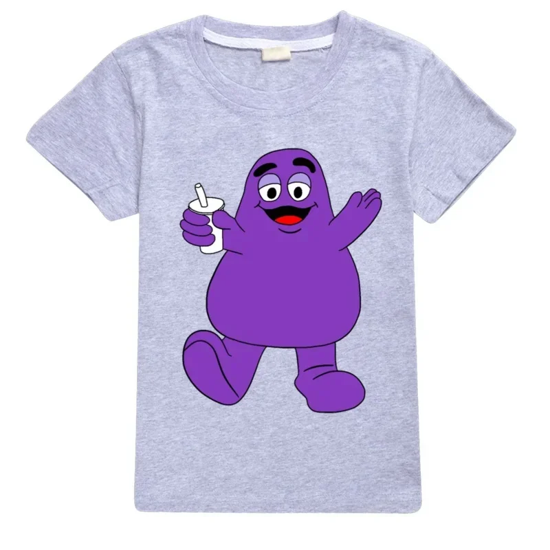 Grimace Shake เสื้อยืดเด็กสาวการ์ตูนผ้าฝ้าย Tees อะนิเมะฤดูร้อนธีมวันเกิดเสื้อผ้า O-คอแขนสั้นของขวัญ
