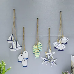 Blue Ocean Wooden Small Pendant Mediterranean Style Home Accessories Crafts Starfish Scallop Little Fish Net Hanging Decorations