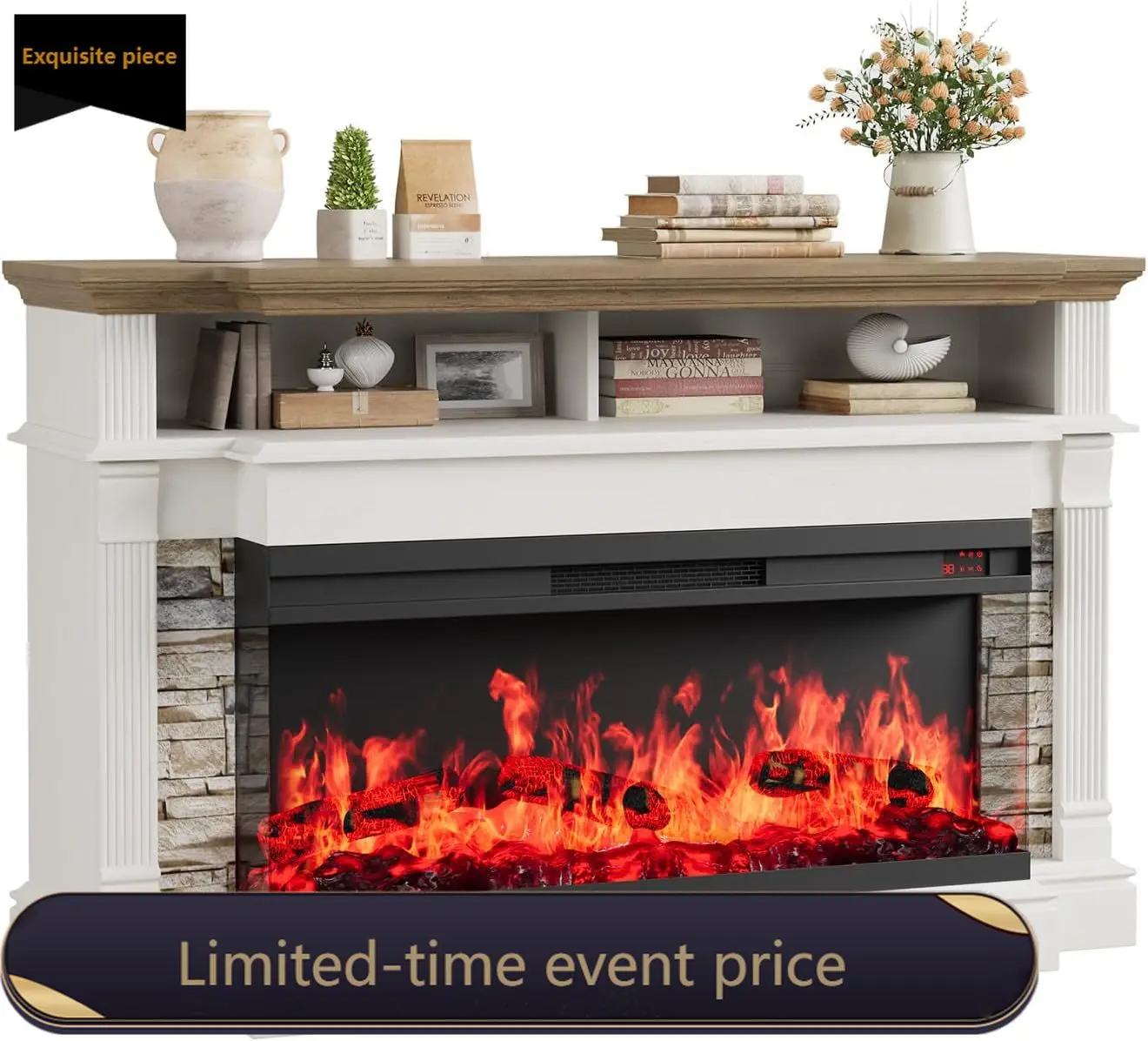Fireplace TV Stand for Up to 65 Inch TVs Farmhouse 52 Inch Entertainment Center with 36 Inch 3 Side Glass Electric Fireplace Ope
