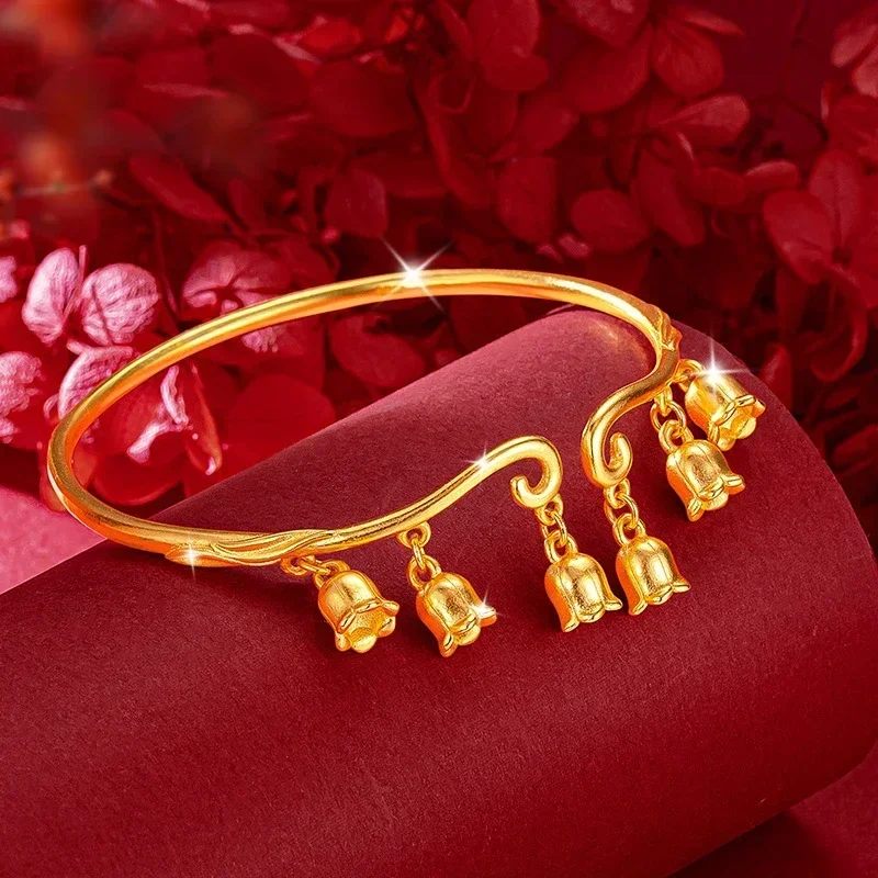 24K Yellow Gold Linglan Flower Bracelet for Women, Real Gold  Bride Fashion Simple Glossy Bracelet Bangles Jewelry Birthday Gift