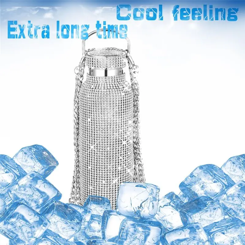 PZHI-Bling Water Bottle Silver Rhinestone Glitter Bottle With Chain Rhinestone-Encrusted Stainless Steel vacuum flask Bottle