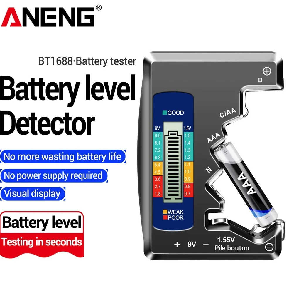 

Digital Battery Tester Capacity Detector AA/AAA/9V/1.55V Button Cell Battery LCD Display Check Capacitance Tools ANENG BT1688