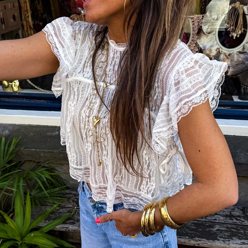 Fashion Solid Short Sleeved Loose T-Shirt Sexy Lace Splice Perspective Beach Holiday Top Casual Short Sleeved High Waist T-Shirt