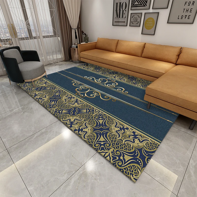 Alfombra de lujo de oro azul real para sala de estar, dormitorio, Villa, alfombra antideslizante insonorizada con alfombra decorativa para el hogar rococó árabe persa