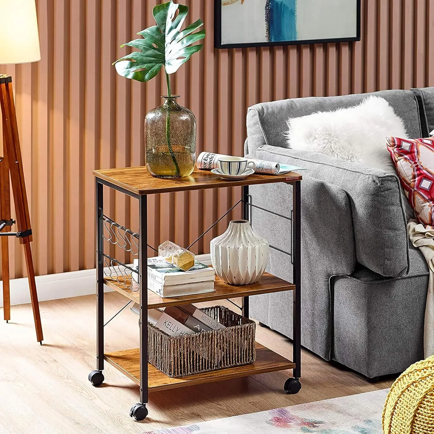 Microwave Cart 23.7'' for Small Space, 3-Tier Coffee Cart Rolling Kitchen Utility cart Microwave Stand on Wheels, Vintage