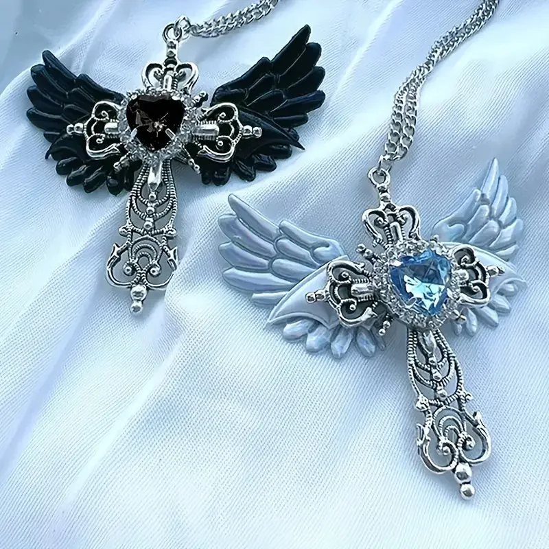 Y2K Inspired Gothic Wings and Cross Pendant Punk Choker Necklace, Heart Shaped Faux Zirconia - Perfect Valentine's Day Gift