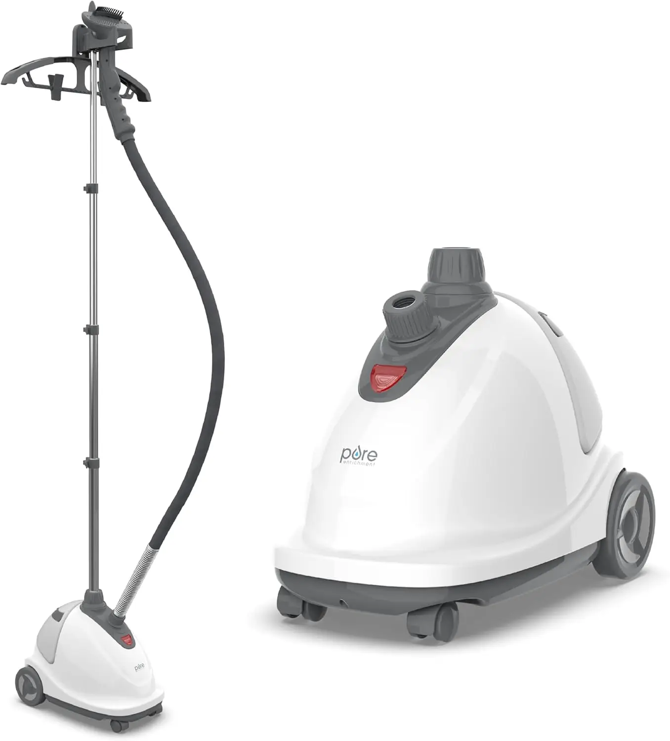 

Professional Upright Fabric Steamer with 45-Second Heat-Up, Half-Gallon Tank for 1 Hour of Continuous Steam, Easy-Roll Wheels, Garment Hanger, and Fabric Brush – Wrinkle Remover