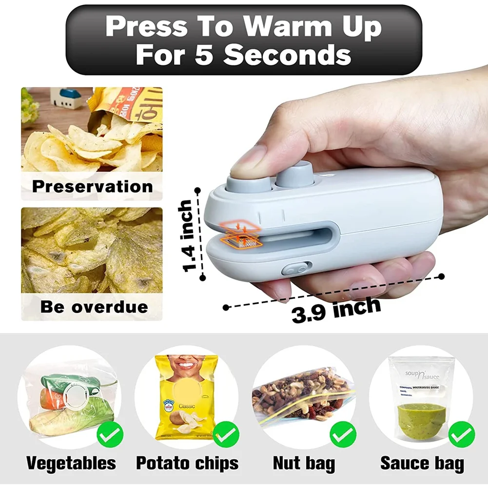Chip Bag Sealer,Handheld Bag Heat Vacuum Sealer Rechargable,Portable Bag Resealer Sealing Machine for Plastic Bags-White