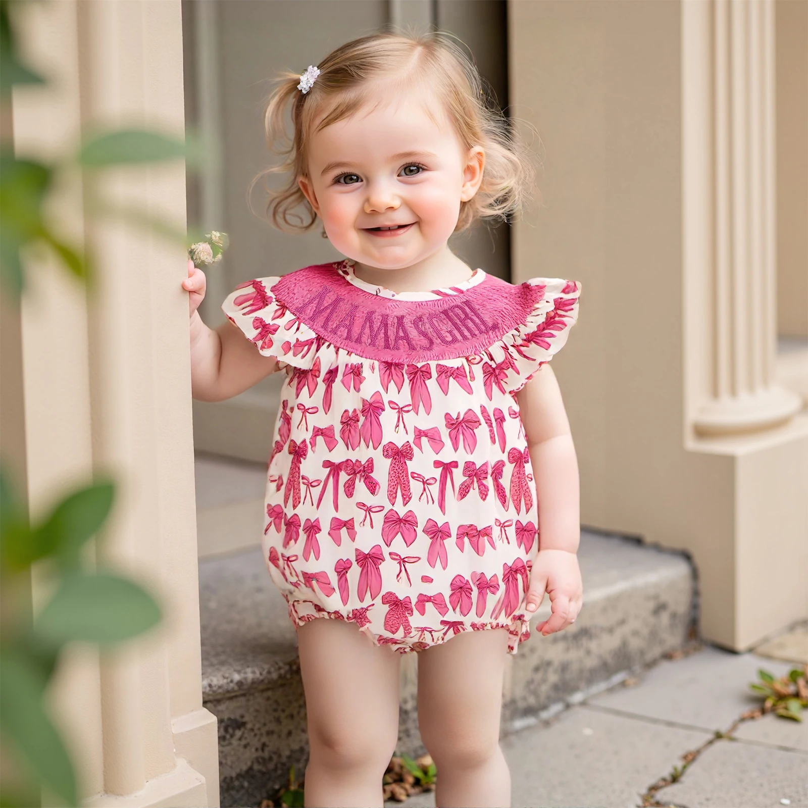 

Baby Girls Lovely Rompers Letter Embroidery Bow/Floral Print Round Neck Fly Sleeve Infant Bodysuits Jumpsuits Sunsuits