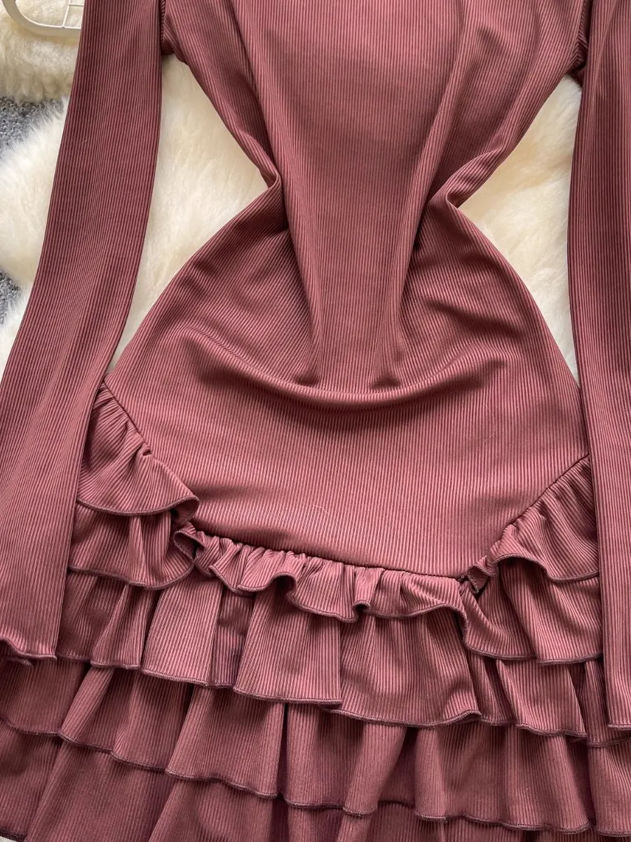 Foamlina francês vintage manga longa vestido de malha outono fino ajuste sofisticado projetado elegante em camadas mini saia vestido