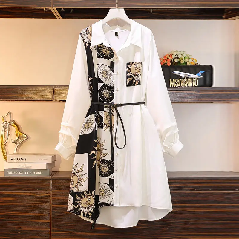 

Vintage Printing Belt Mid Length Blouse Spring Autumn New Long Sleeve Loose Plus Size Shirt Tops Fashion Casual Women Clothing