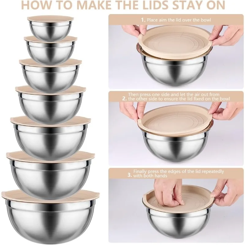 Mixing Bowls with Lids set - 26 PCS Stainless Steel Nesting Khaki Mixing Bowls Set for Baking,Mixing,Serving & Prepping