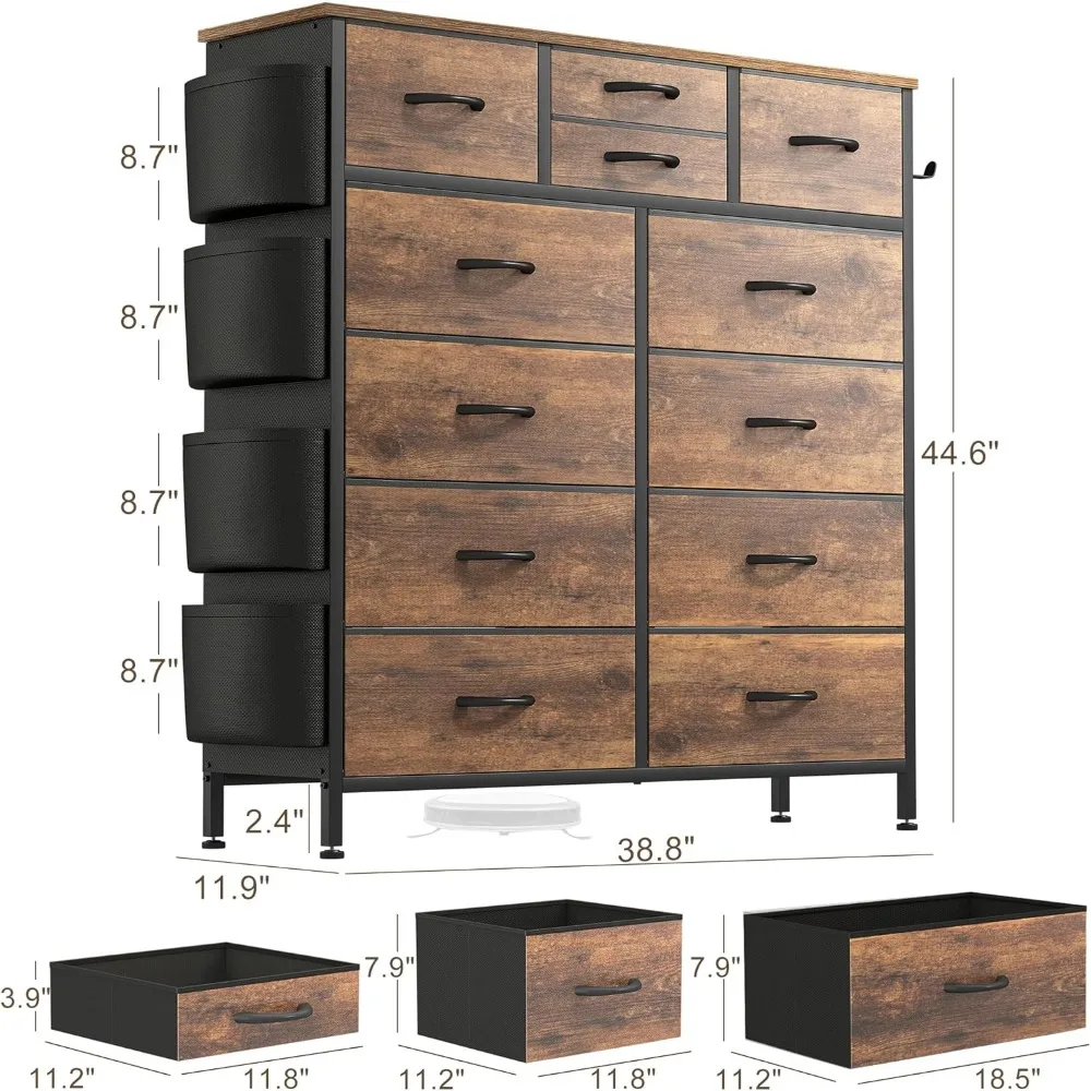 

Tall Dresser Chest of Drawers with Side Pockets and Hooks, Fabric Dresser Storage Tower fo，Dresser for Bedroom with 12 Drawers
