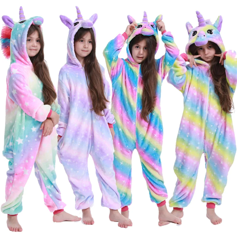 girls rainbow unicorn pajamas children flannel kigurumi kids cosplay costumes for halloween boys stitch panda pijama