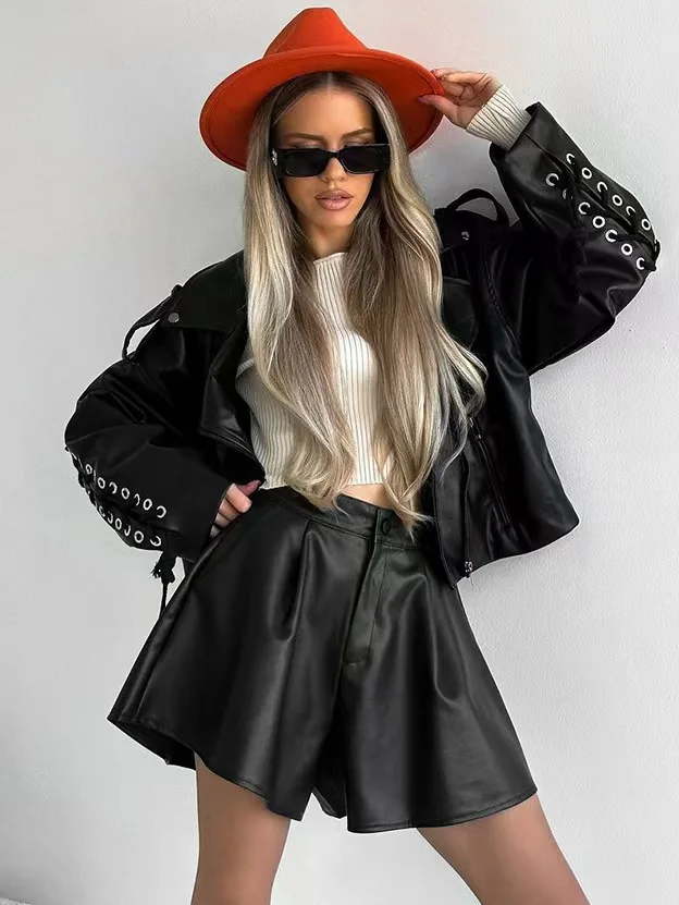 Taille haute en cuir PU orts Simple Sle trajet vent automne haut de gamme Sensation femmes pantalons décontractés longueur ort