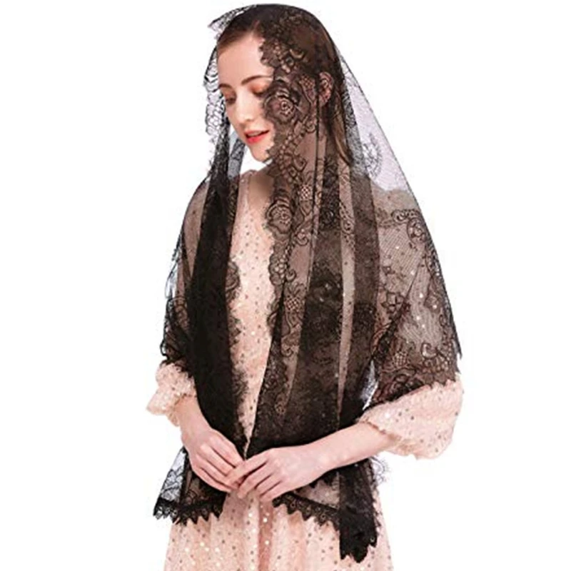 X7YC Lace Mantilla Veil morbido confortevole 2 colori in bianco nero stile spagnolo Rose Lace Veil Head Covering Wraps